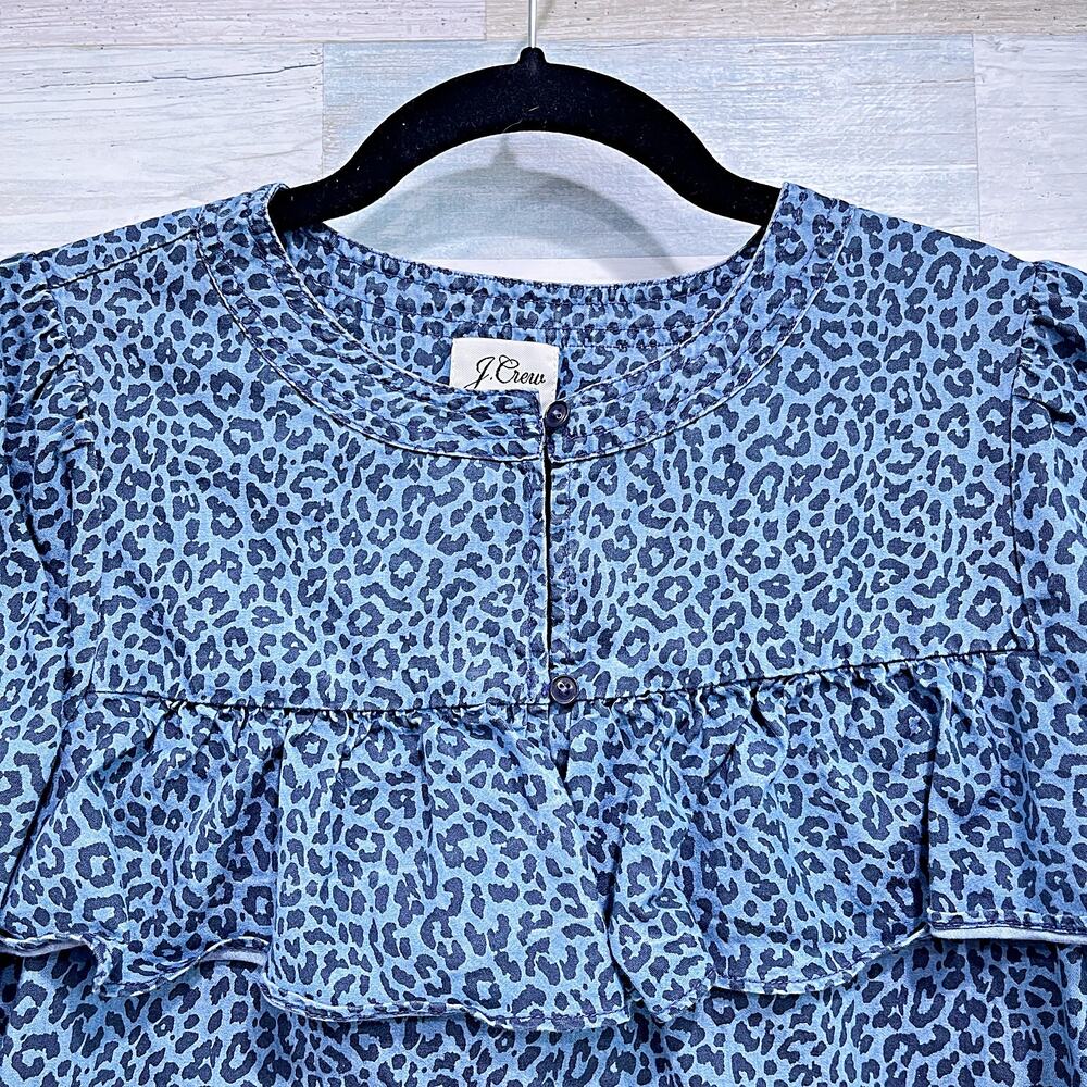 J CREW Cheetah Print Ruffle Top Blue Long Sleeves Woven Cotton Casual Womens XXS - Picture 3 of 6